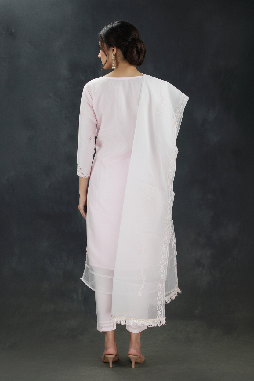 Light Pink Roman Silk 3-Piece Kurti Set with Organza Work Pant & Sequined Dupatta