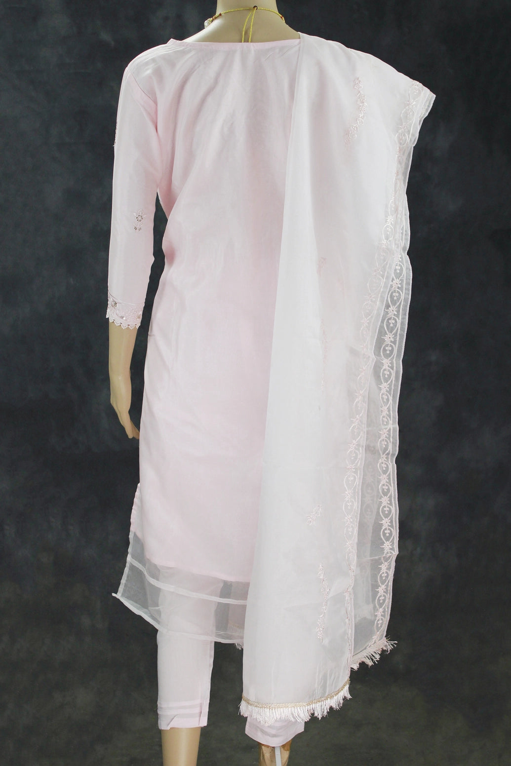 Light Pink Roman Silk 3-Piece Kurti Set with Organza Work Pant & Sequined Dupatta