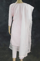 Light Pink Roman Silk 3-Piece Kurti Set with Organza Work Pant & Sequined Dupatta
