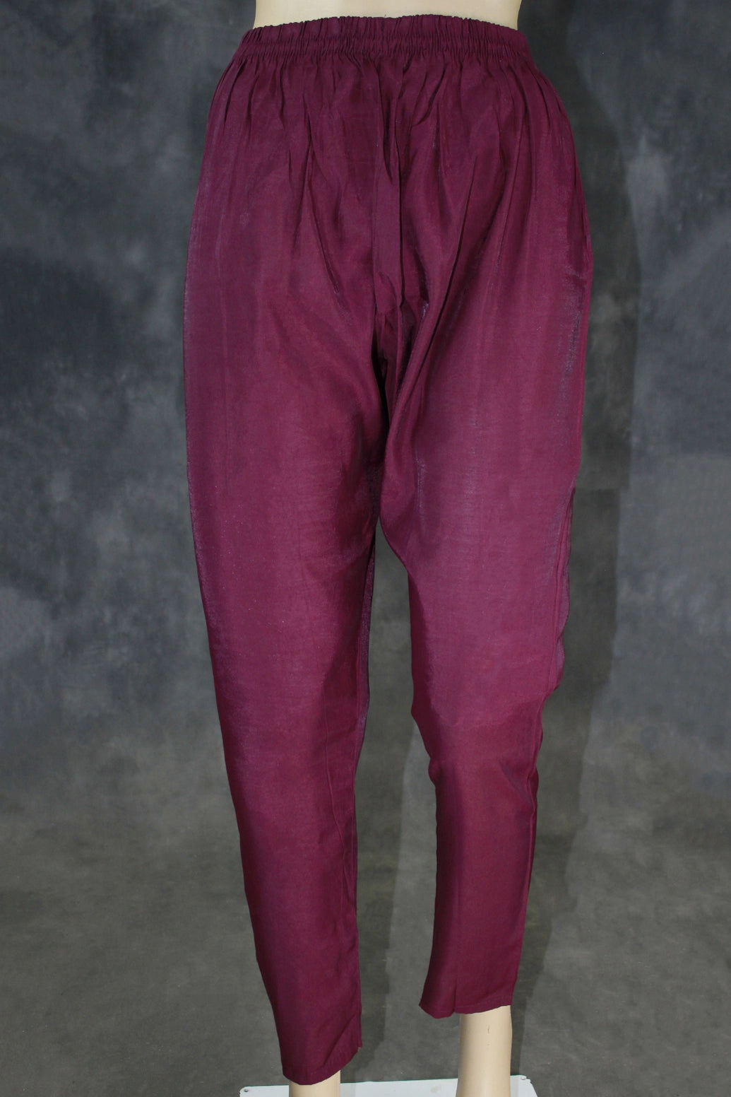 Dark Purple Roman Silk 3-Piece Kurti Set with Embroidered Neck, Elastic Pant & Chiffon Dupatta