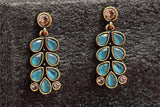 Gold-Tone Antique Leaf Drop Earrings with Sea Blue Teardrop Stones Jewelry JCS Fashions