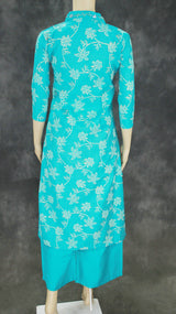 Aqua Blue Cotton 3-Piece Kurti Set with V Neck Aari Mirror Work, Elastic Pant and Chiffon Dupatta