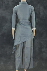 Grey Cotton-Rayon Pakistani Collar Kurti Two-Piece Set with Mirror Work and White Lace Border — Top with Elastic Pants Kurti JCS Fashions