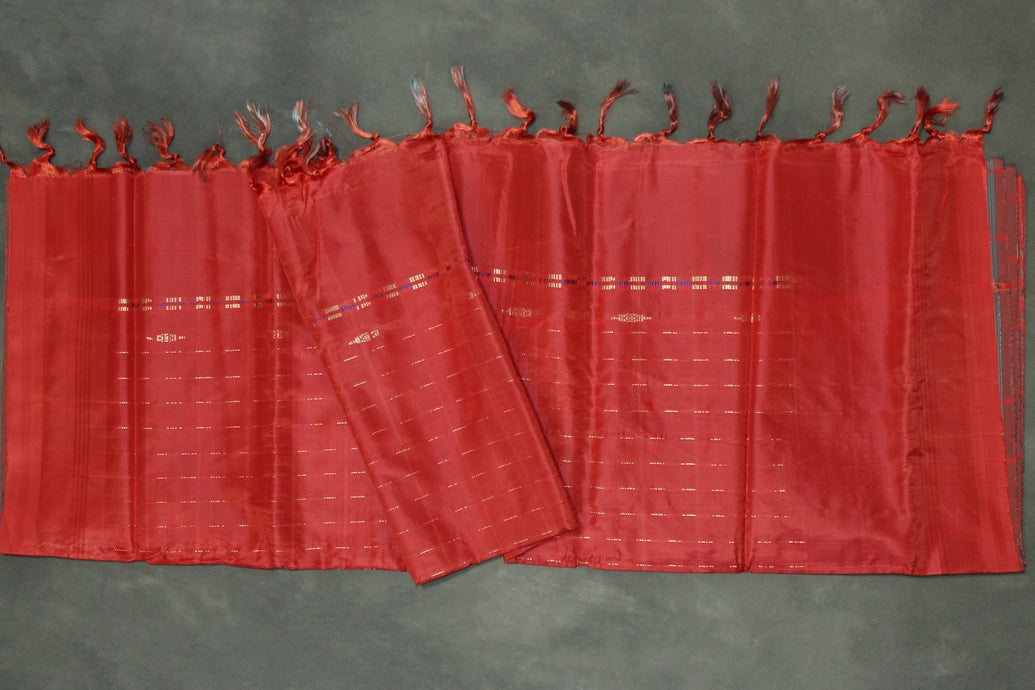 Red Vaazhai Naar (Banana Pith) Handwoven Saree with Small Butta, Borderless Traditional Saree