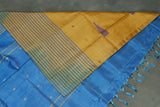 Blue & Mustard Vaazhai Naar (Banana Pith) Saree with Small Butta Allover, Borderless Design, Striped Pallu