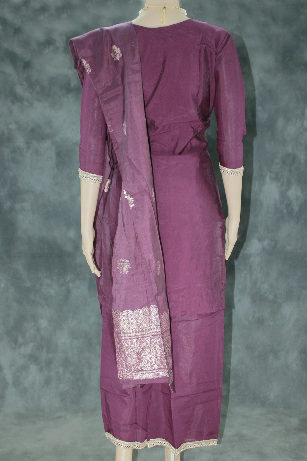 Roman silk 3 piece set,Top and Palazzo Pant with Elastic, Beautiful embroidery and beads Handwork neck design kurti , Comes with Banarasi Du