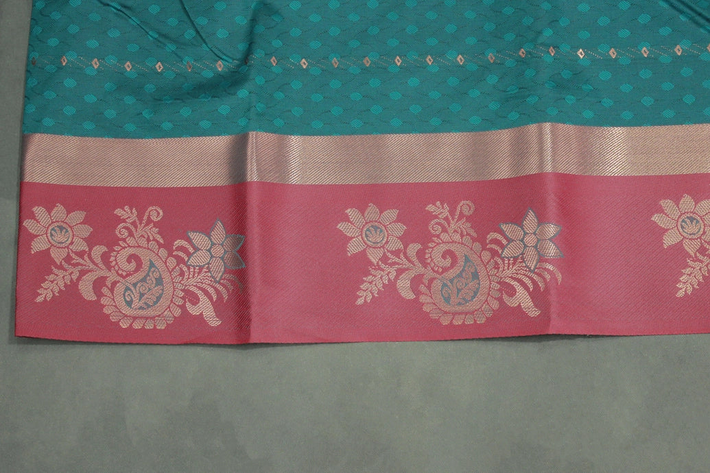 Forest Green Embossed Semi Silk Saree with Floral Design Satin Border and Blouse