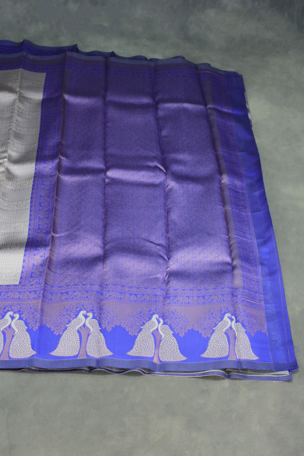 Kubera Pattu Saree with Peacock Border and Blouse, Light Grey Semi Silk