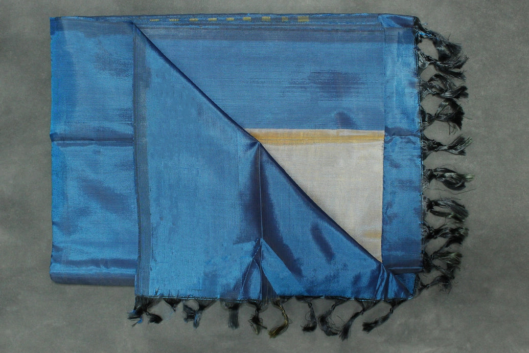 Peacock Blue & Grey Vaazhai Naar (Banana Pith) Borderless Saree with Small Butta