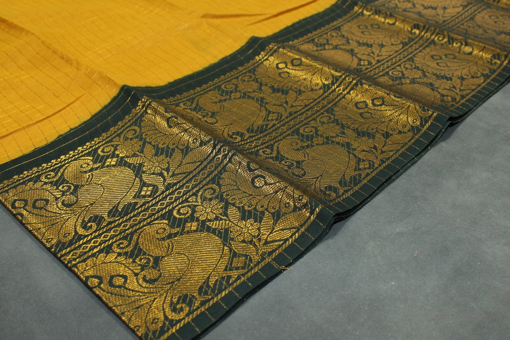 Mustard Yellow Sungudi Cotton Saree with Peacock Gold Zari Double Border