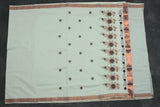 Pure Kerala Cotton White Saree with Copper Zari Border and Embroidered Peacock Floral Pallu