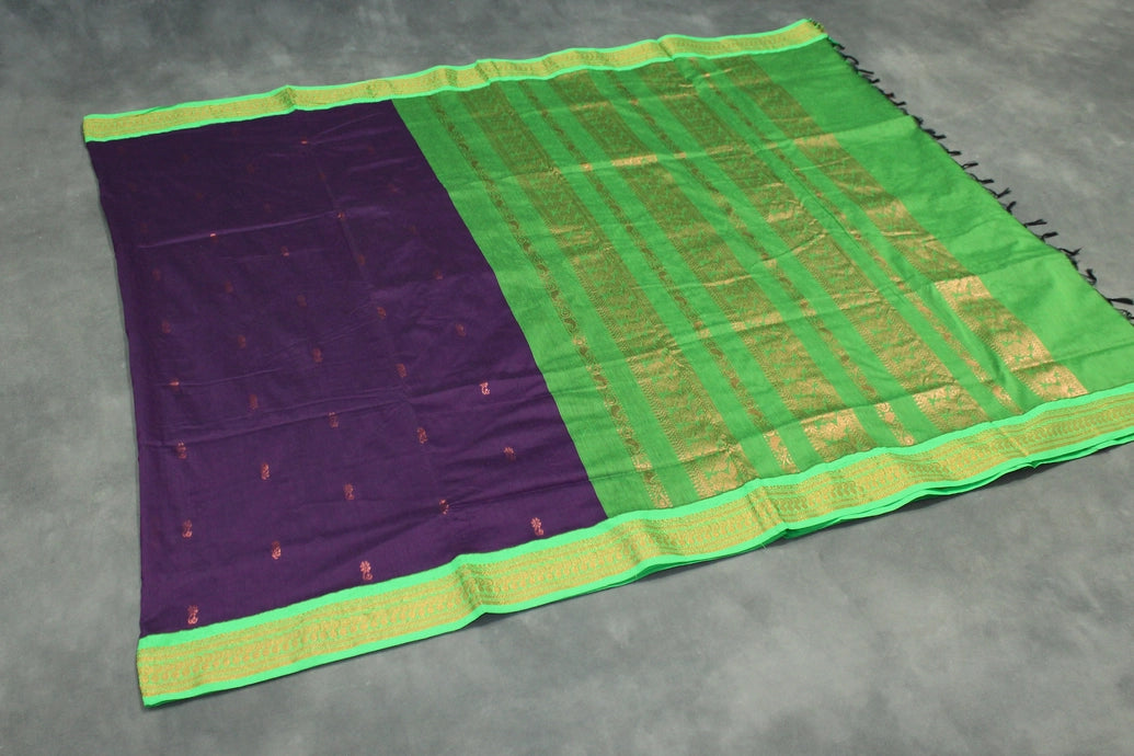 Kalyani Cotton Saree - Deep Violet with Green Zari Border and Butta Design Saree JCS Fashions