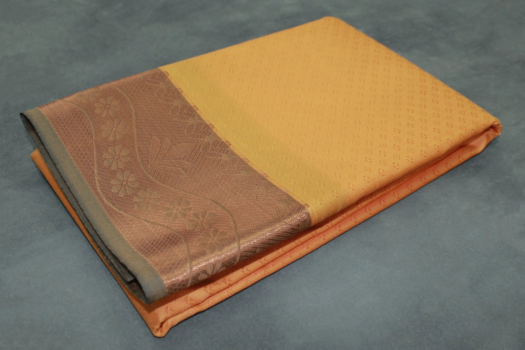 Yellow Emboss Silk Saree with Beautiful Border and Semi Silk Look