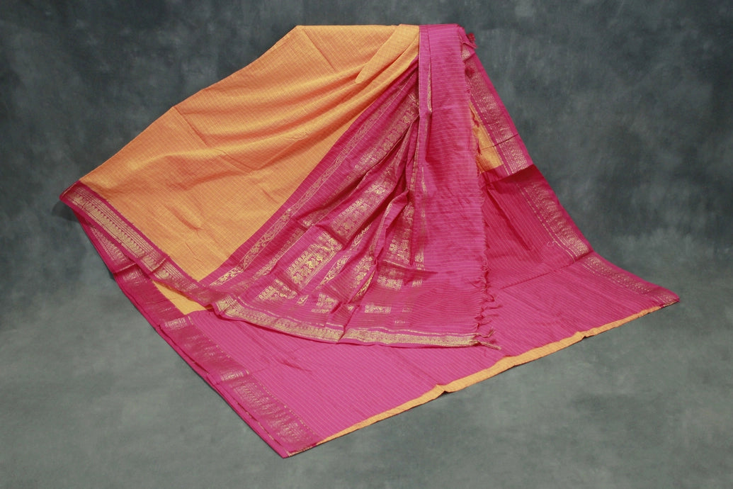 Kalyani Cotton Saree in Orange with Zari Checked & Zari Peacock Border and Blouse Piece