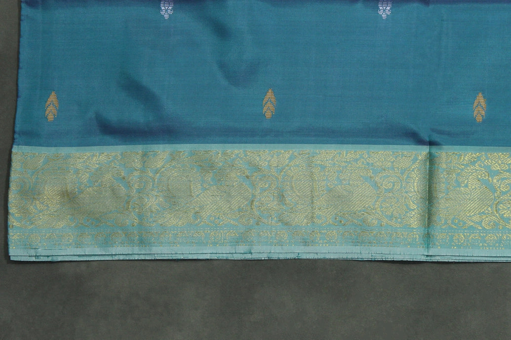 Peacock Blue & Cream Vaazhai Naar (Banana Pith) Saree with Zari Border and Butta