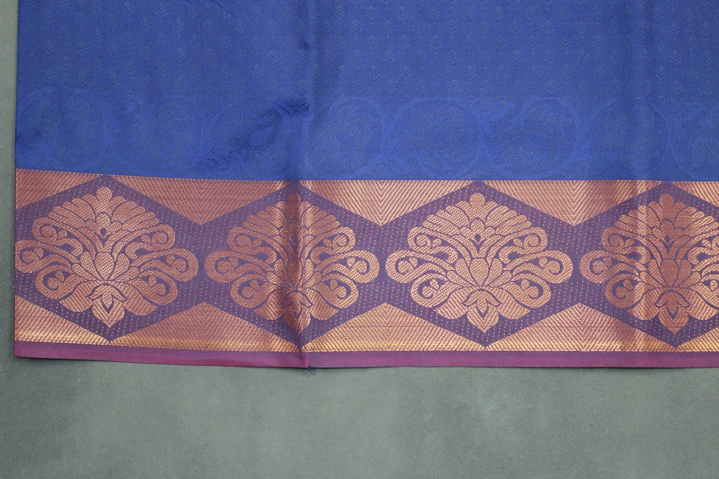 Navy Blue Emboss Silk Saree with Semi Silk Border and Floral Geometric Design