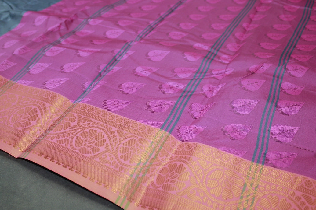 Grey Semi Silk Emboss Saree with Elegant Border, Leaf Motif Weave and Traditional Look