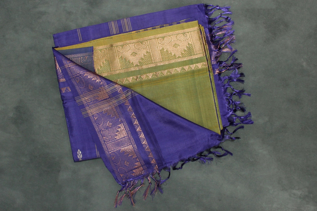 Vaazhai Naar Banana Pith Saree with Zari Border in Mehendi Green & Violet