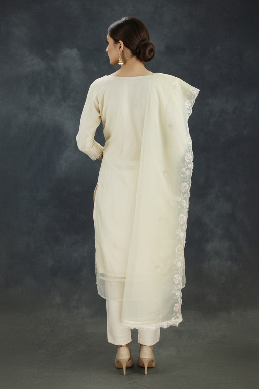 Sandal Roman Silk 3-Piece Kurti Set with Organza Work Top, Elastic Pant & Embroidered Dupatta