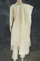 Sandal Roman Silk 3-Piece Kurti Set with Organza Work Top, Elastic Pant & Embroidered Dupatta