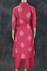 Pink Cotton 3-Piece Kurti Set with V-Neck Work, Elastic Pant & Chiffon Dupatta