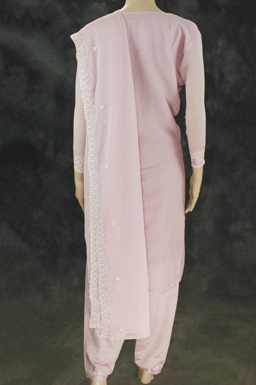 Light Onion Pink 3-Piece Salwar Suit Set with Organza Chiffon Kurti, Elastic Pant & Stone Work Dupatta