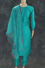 Roman Silk Embroidered 3-Piece Kurti Set with Organza Dupatta in Jungle Green - Traditional Indian Wear Kurti JCS Fashions