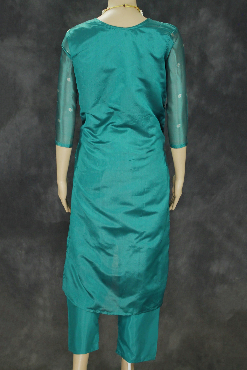 Teal Blue Jacquard Kurti Set with Bead Handwork — 3-Piece Pakistani Style Top, Elastic Pants and Jacquard Dupatta
