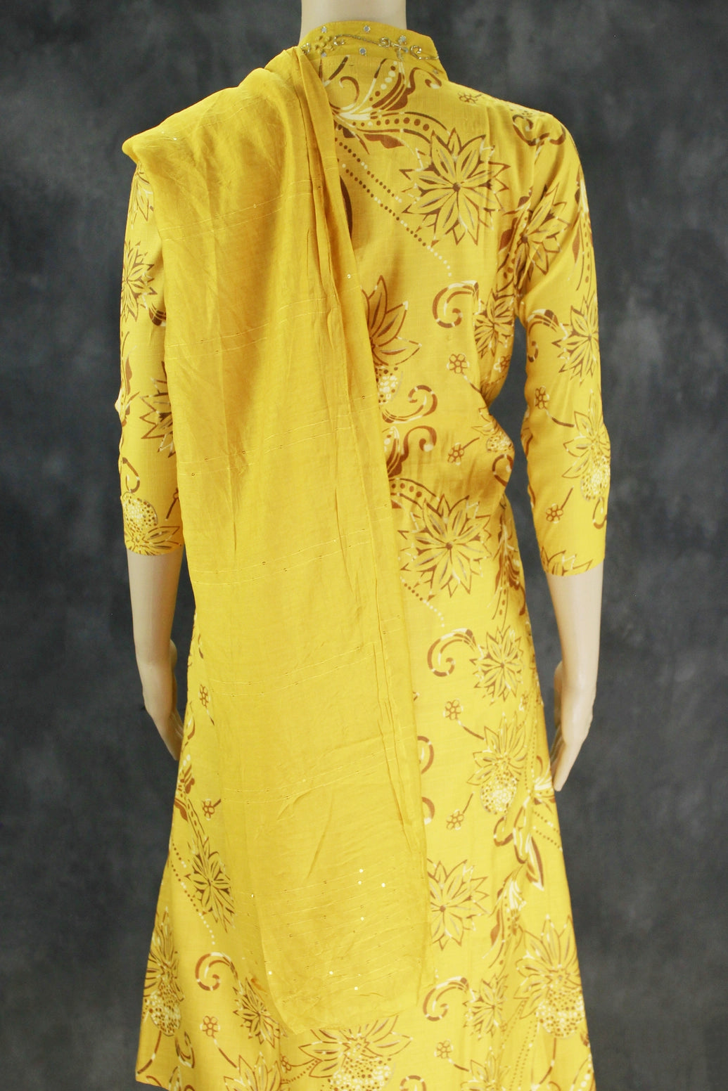 Yellow Cotton 3-Piece Kurti Set with Elastic Pant and Chiffon Dupatta, V-Neck Aari & Mirror Work
