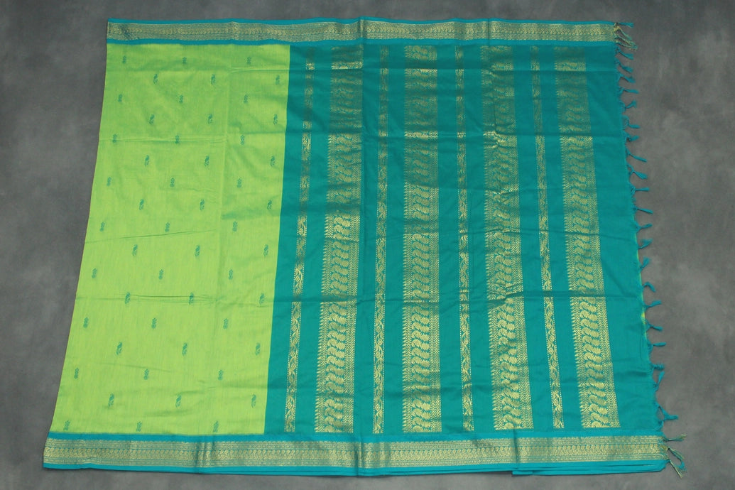Kalyani Cotton Saree with Zari Border and Putta Motifs, Light Green Teal Pallu Saree JCS Fashions