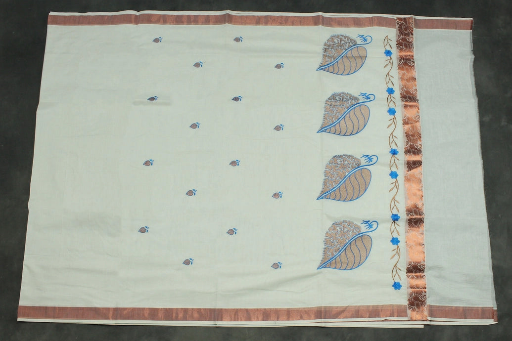 Pure Kerala Cotton White Saree with Copper Zari Border, Peacock Floral Embroidery and Blouse Piece