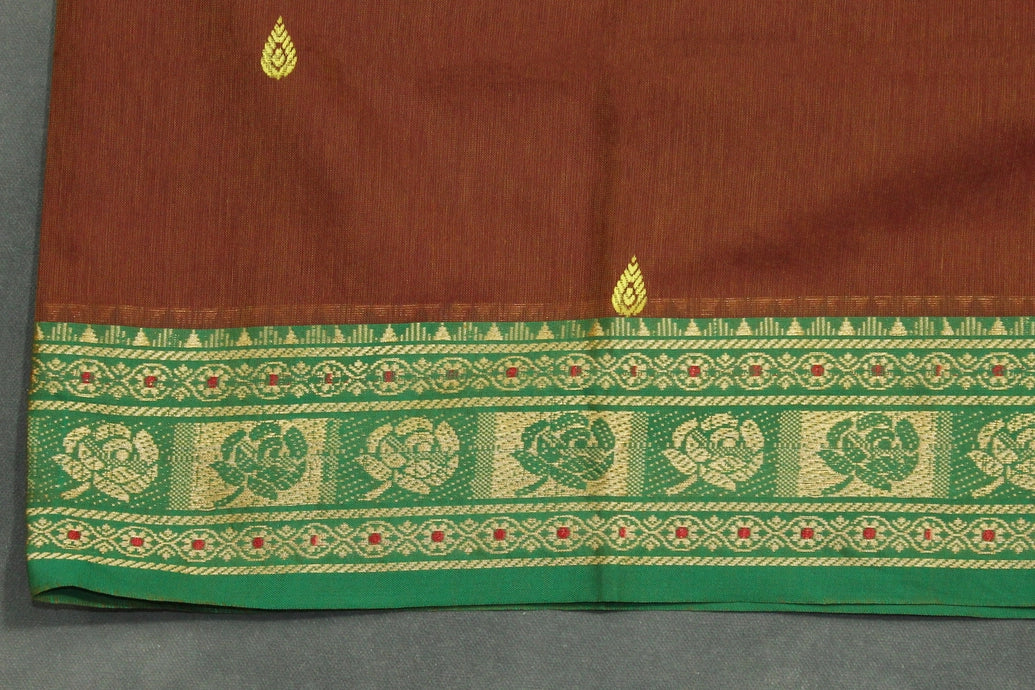 Chocolate Brown Poly Cotton Saree with Green Thread Border and Gold Butta Saree JCS Fashions