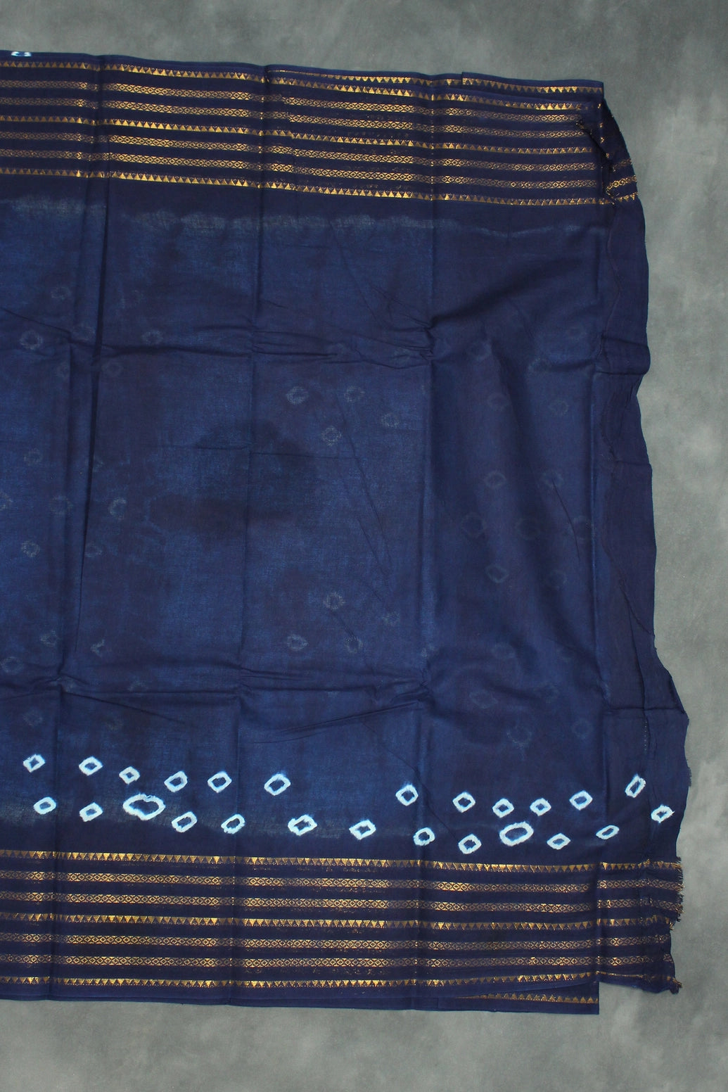 Sungudi Cotton Bandhani Saree in Blue with Golden Zari Striped Border