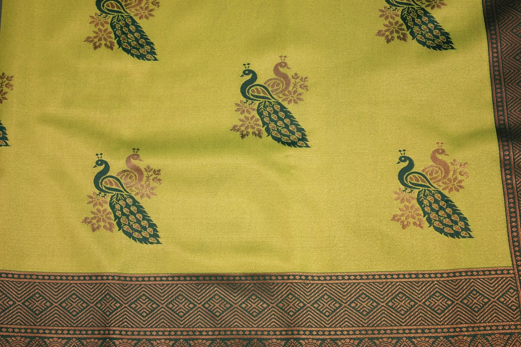 Mustard Kubera Pattu Saree with Big Zari Border and Peacock Motifs | Includes Blouse