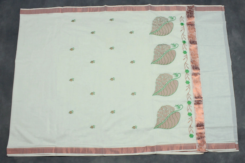 White Kerala Cotton Saree with Copper Zari Peacock Embroidery and Floral Border