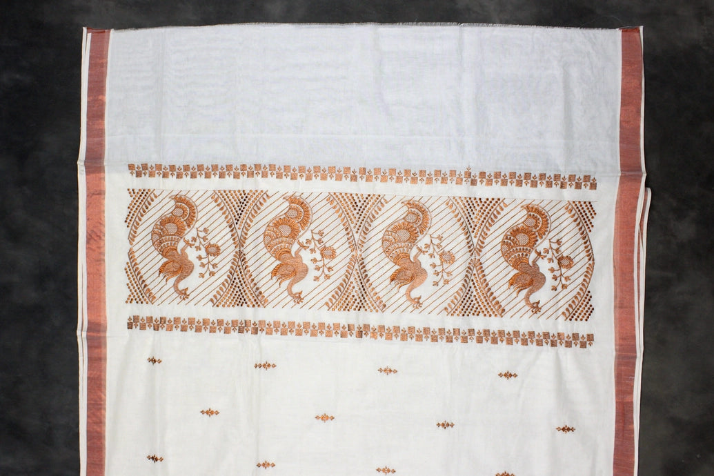 White Kerala Cotton Saree with Copper Zari Peacock Embroidery and Copper Border