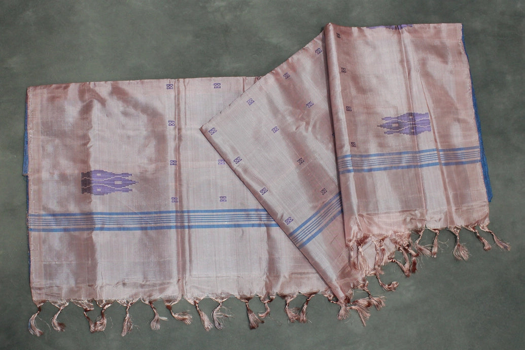 Blue & Light Onion Pink Vaazhai Naar (Banana Pith) Borderless Saree with All-Over Butta