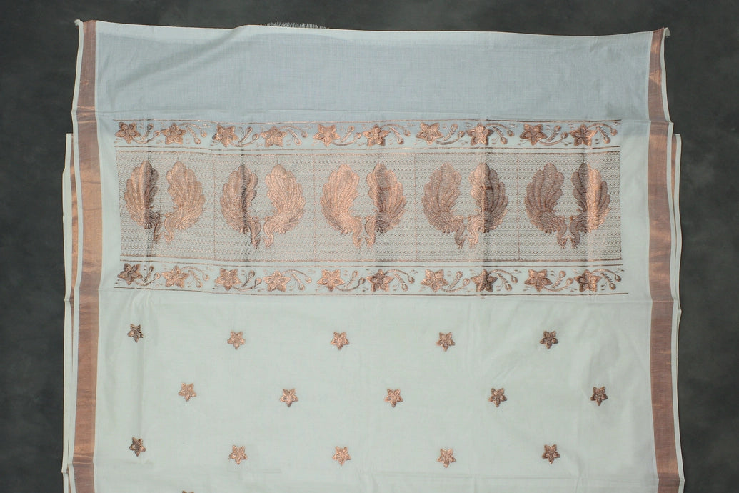 Pure Kerala Cotton White Saree with Copper Zari Peacock & Floral Machine Embroidery, Lightweight Traditional Saree with Blouse Piece