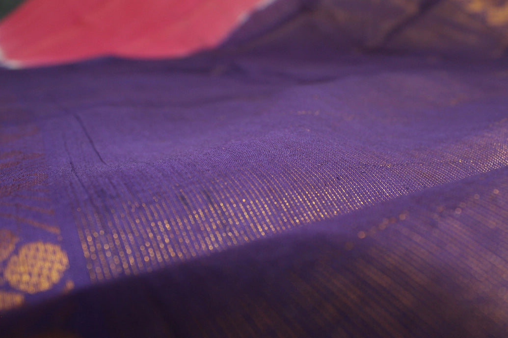Pink Sungudi Cotton Saree with Purple Gold-Tone Zari Border, Vaira Oosi Diamond Pattern Saree JCS Fashions