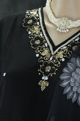 Black Silk 3-Piece Pakistani Salwar Suit with Embroidered V-Neck and Organza Dupatta
