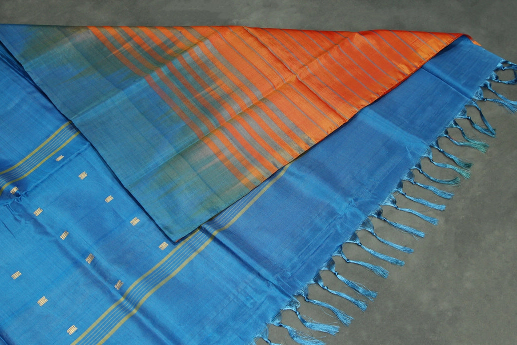 Blue & Orange Vaazhai Naar (Banana Pith) Saree with Small Gold Butta - Borderless Traditional Saree