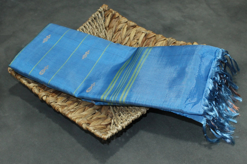 Blue Vaazhai Naar (Banana Pith) Saree with Zari Border and Small Buttas