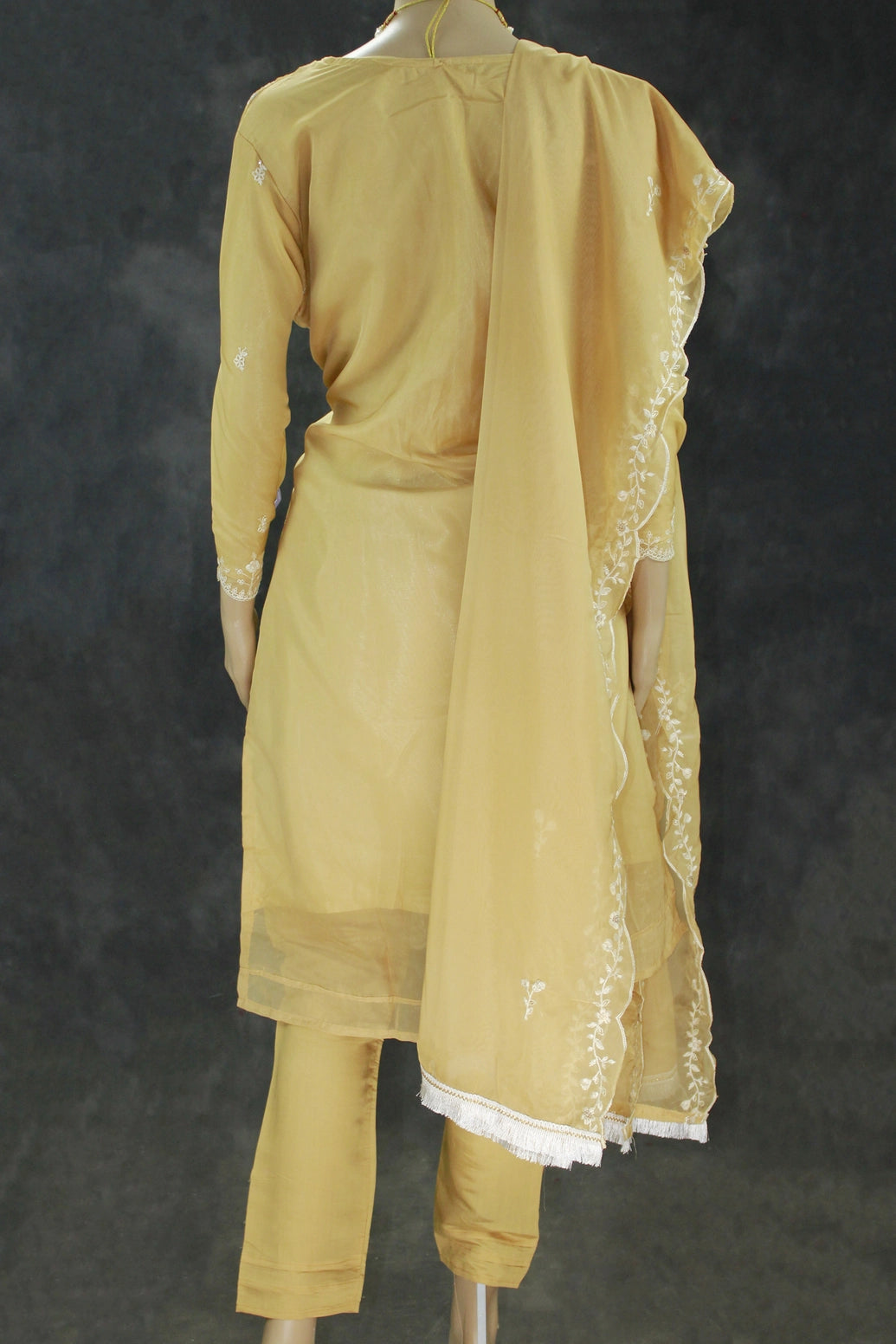 Light Beige Organza Kurti Salwar Suit Set with Khatli Work, Beads & Sequins, Roman Silk Bottom and Border Dupatta