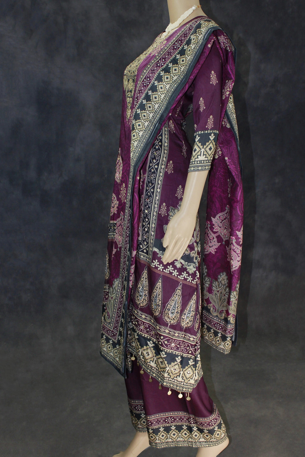 Purple Designer Crepe 3-Piece Salwar Set with Stone & Mirror Embroidery and Gold Coin Hangings