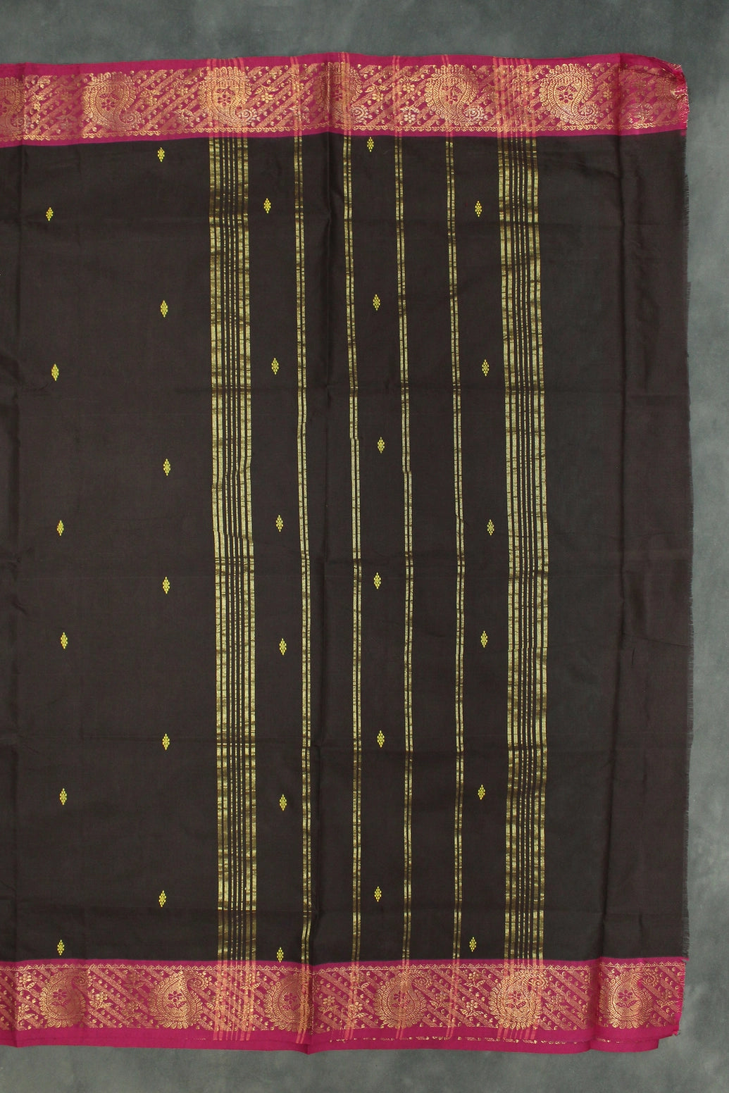 Dark Brown Poly Cotton Saree with Gold Zari Border and Butta Motifs Saree JCS Fashions