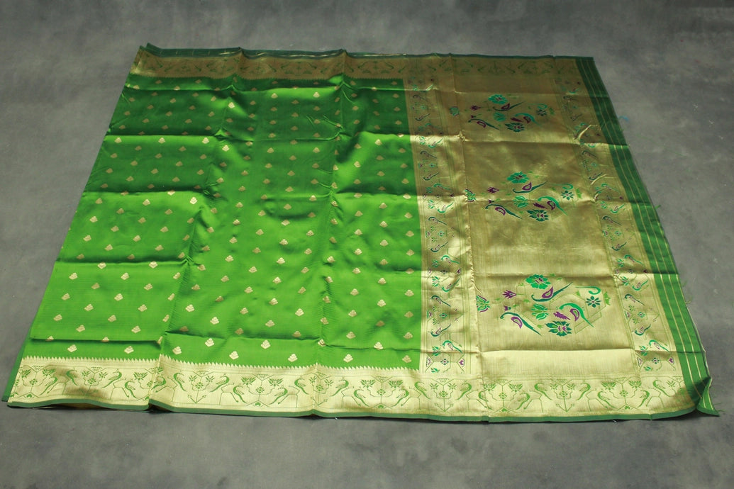 Mehendi Green Paithani Pure Silk Peacock Design Pallu Saree with Zari Woven Border