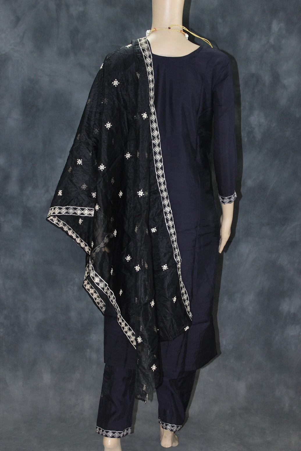 Black Embroidered Roman Silk 3-Piece Kurti Set with Organza Dupatta and Elasticated Pants Kurti JCS Fashions