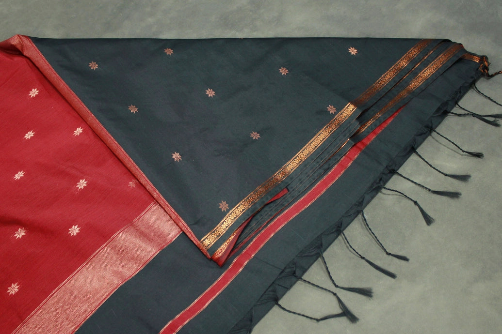 Black Maheswari Silk Cotton Saree with Small Butta and Zari Border, Blouse Piece Included