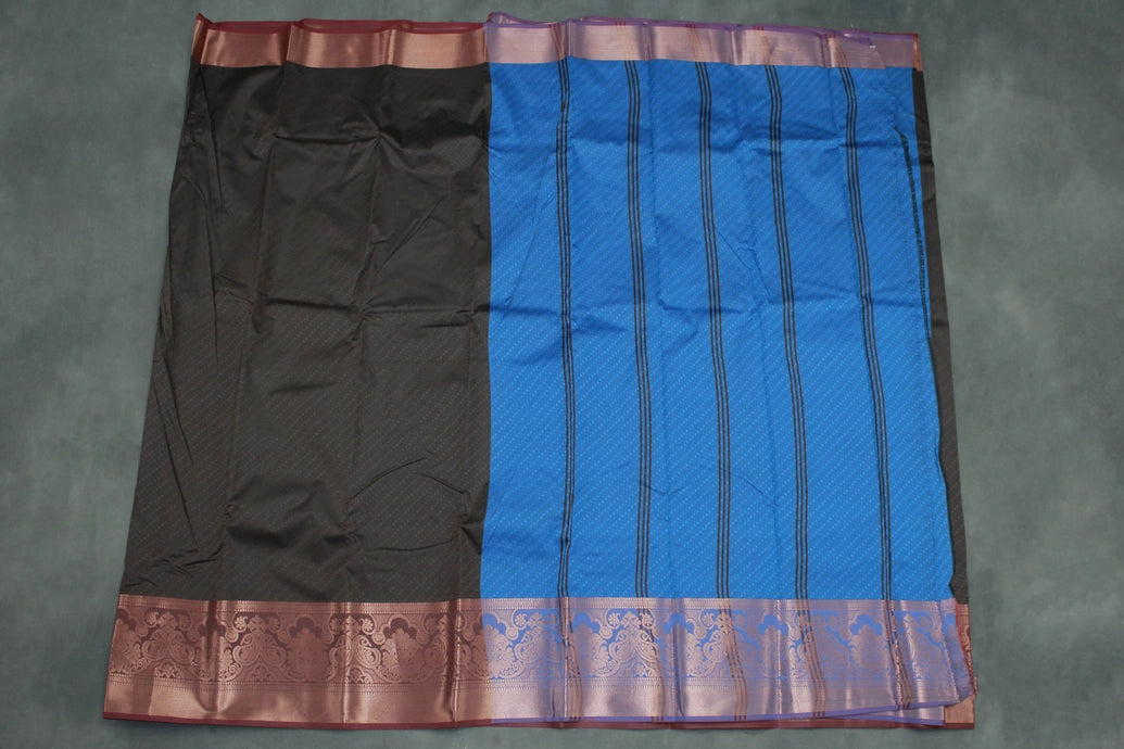 Dark Brown Emboss Silk Saree with Semi Silk Design Border and Contrast Finish