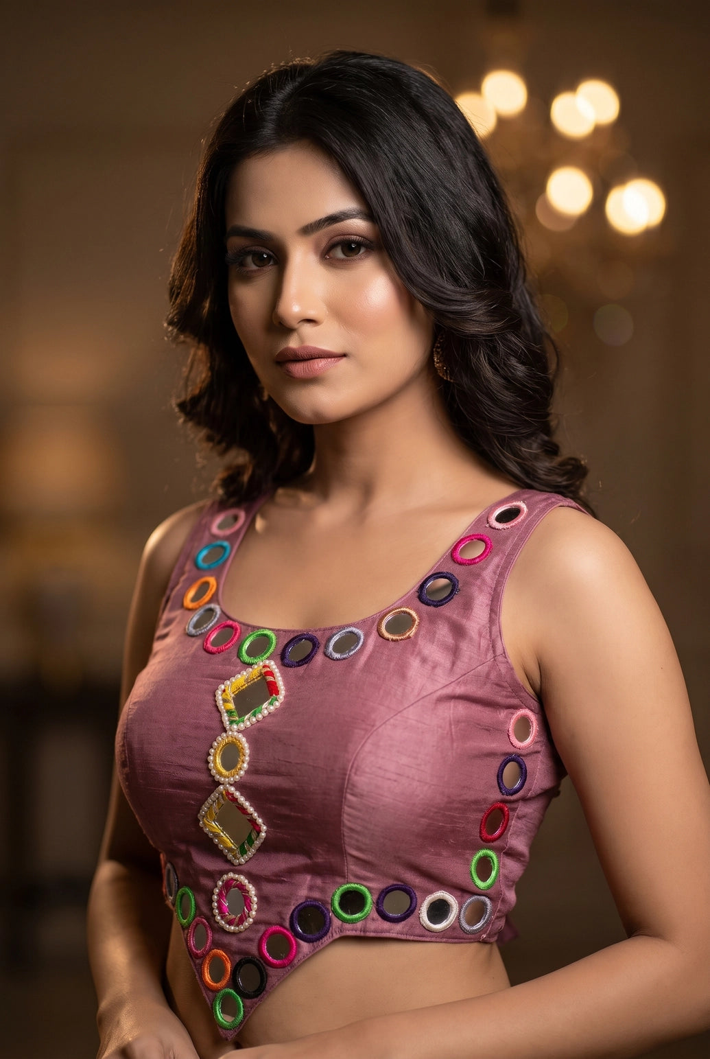 Mirror-Work Navratri Sleeveless Blouse with Pearl Bead Mirror Clusters and Diamond Motifs